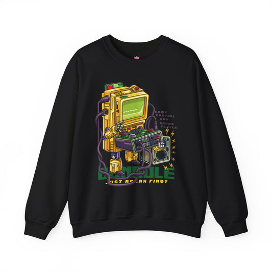 Console First Retro Gaming Sweatshirt for Men — "Just Press Run First" Console & Controller Design