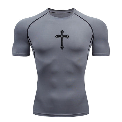 Cross Print Compression Shirt for Men Christian Athletic Tshirt Tees Tops Gym Workout Running Baselayers Undershirts Rash Guard