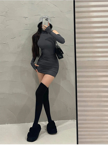 2025 New Women's Mini Dress Sleeveless Pleated Skinny Dress High Neck Lace Up Autumn Black Tight Elastic Party Tank Dresses