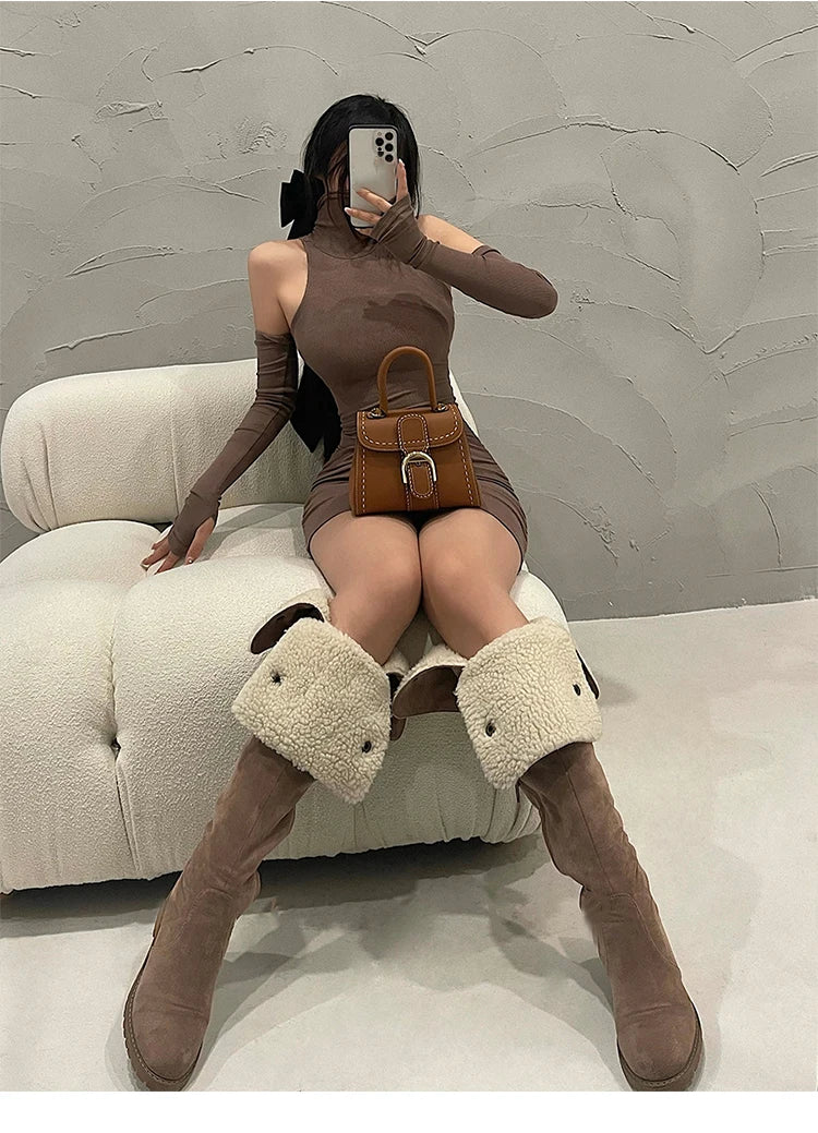 2025 New Women's Mini Dress Sleeveless Pleated Skinny Dress High Neck Lace Up Autumn Black Tight Elastic Party Tank Dresses