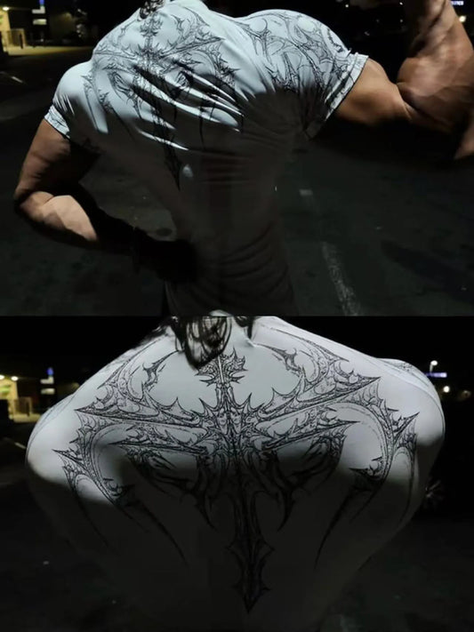 GYM T-shirt Men's Dark Gothic Print Muscle Tee  High Elasticity And Quick Drying Exercise For Bodybuilding Training 2025 Summer