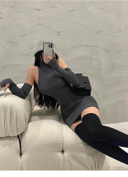 2025 New Women's Mini Dress Sleeveless Pleated Skinny Dress High Neck Lace Up Autumn Black Tight Elastic Party Tank Dresses